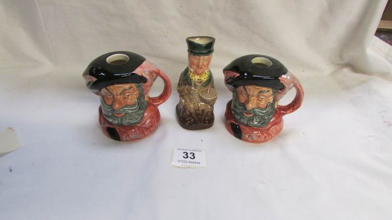 2 Royal Doulton Falstaff liquor flasks and a Royal Doulton Macawber character jug