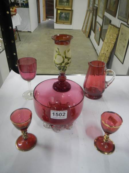 Victorian Glass Vase and 5 items of Cranberry Glass