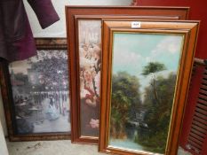 2 prints of Edwardian scenes and an oil on canvas rural scene with stream