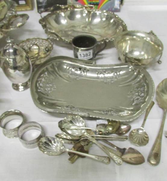 A quantity of plated items, dishes, napkin rings, spoons, bowls and a small mug etc