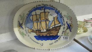 A Honiton pottery Mayflower commemorative plaque