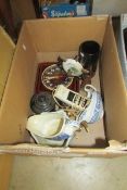 A miscellaneous lot including china clock, novelty salt and pepper etc