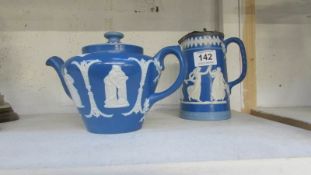 An Edwardian Dudson classical blue and white teapot and jug