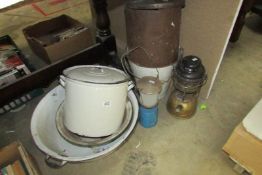 A quantity of enamel ware and a Tilley Lamp
