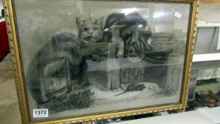 A charcoal drawing of cats and mouse signed M Topham 1892