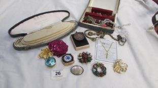 A mixed lot of costume jewellery including 2 items of scrap gold, cased pearls, handcrafts medal