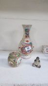A small old Buddham Oriental vase and Oriental lidded pot, all a/f