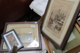 A framed and glazed 19th century ink drawing of Cathedral and township, signed and a WW1 gun