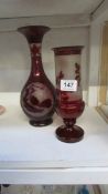 2 Bohemian etched ruby glass vases