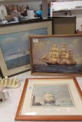 A print of a Sunderland Mark 3 aircraft and 2 prints of sailing vessels