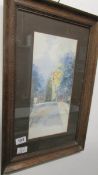 An oak framed watercolour, signed but indistinct