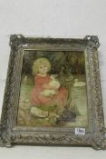 A framed oil on canvas of young girl with ducks, signed but indistinct