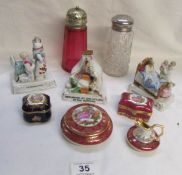 A cranberry glass sugar sifter, a glass sugar sifter, 3 fairings and 4 Limoges trinkets