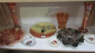 3 Items of carnival glass, 5 items of china including Royal Doulton, Wade and A/F WW1 mug