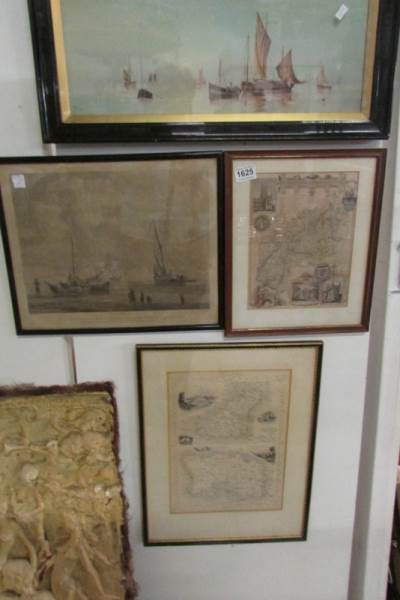 2 Framed Maps and 1 Nautical Print