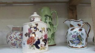 A large green Deco style jug a/f, 2 other jugs and a Mason's lidded jar