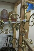 2 solid brass 3 lamp ceiling lights and a pair of brass wall lights with mottled glass shades
