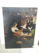 An oil painting of a lady feeding doves, a/f