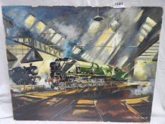 An acrylic on board of Ex-Southern rebuilt Merchant Navy class steam locomotive on turntable
