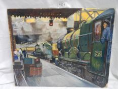 An acrylic on board of EX-GWR castle class steam locomotice and another engine at Paddington