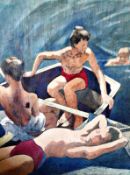 Boys bathing with a Boat Watercolour on paper 10 ½" x 8 ¼" Signed and dated 1956 With a reverse