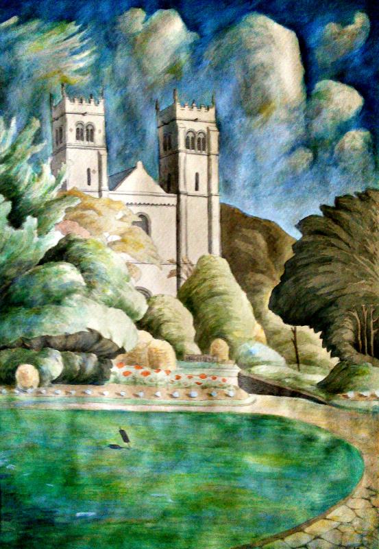 Worksop Priory 15" x 11" Pen, ink and wash Signed and dated 1949 by Joseph Smedley