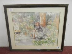 F/G and double mounted print of 'An Attractive Girl in a Garden' Gordon King facsimilie with