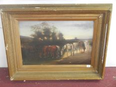 Large oil on canvas in frame of horses drinking in stream by A.H. Treagrove