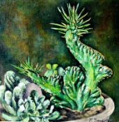 Dragon Cactus 9" x 9 ¼" Oil on board Signed and dated 1969 by Joseph Smedley