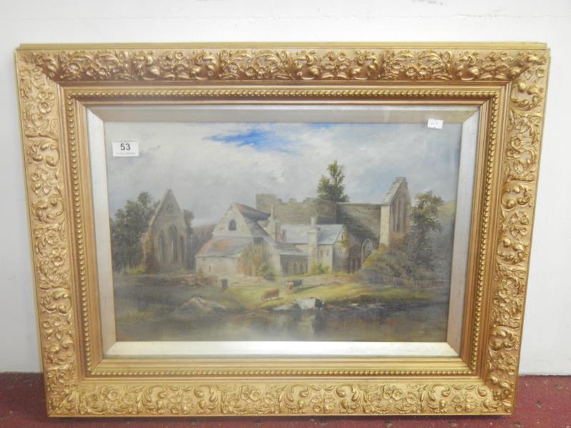 A gilt framed church scene oil on canvas under glass