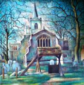 Wilburton Church, Cambridgeshire Oil on board Framed, 16 ½" x 16 ½" Signed and dated 1975 by