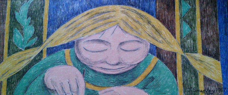 Schoolgirl Writing Framed & glazed Coloured pencil on paper 15 ½ x 6 ½" Signed and dated 1967 by