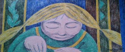 Schoolgirl Writing Framed & glazed Coloured pencil on paper 15 ½ x 6 ½" Signed and dated 1967 by