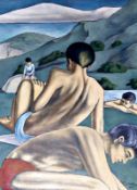 Boys Bathing in Landscape Framed Oil on canvas 24" x 17 ½" Signed and dated 1966 by Joseph Smedley