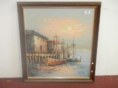 Oil on canvas of fishing boats at the docks signed W. Jones