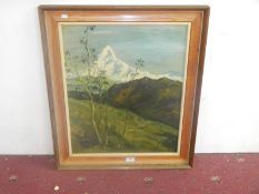 Pine framed oil on board 'Snow Capped Mountain' signed H. Raney