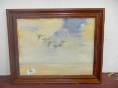 A watercolour of flying ducks signed Jim Lewis
