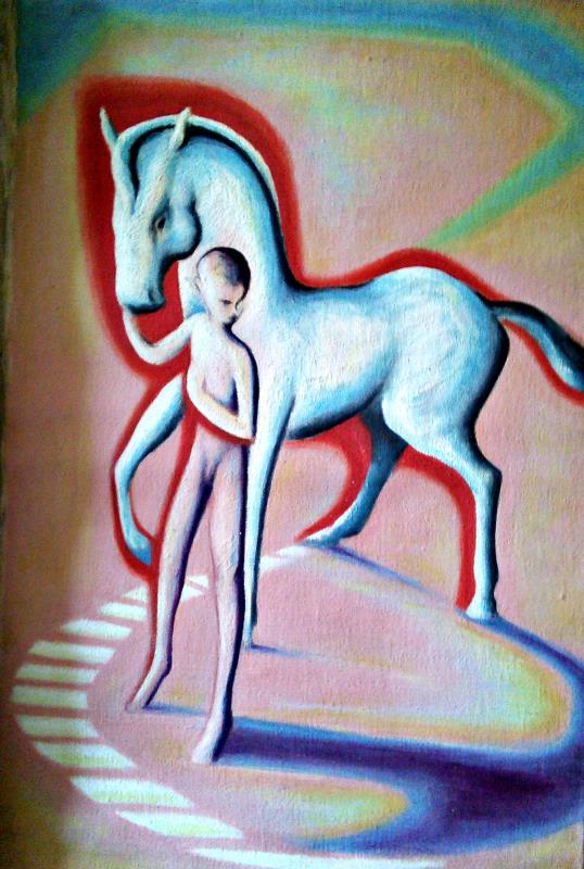 Boy Leading a Horse - á la Picasso 30" x 20" Oil on canvas Signed and dated 1948 by Joseph Smedley