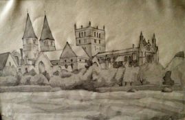 Southwell Minster 13"x 9" Pencil and wash Signed and dated Sept. 1948 by Joseph Smedley