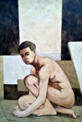 Crouching Male Nude in Profile 18 ½"x 13" Oil on board Signed and dated 1958 by Joseph Smedley
