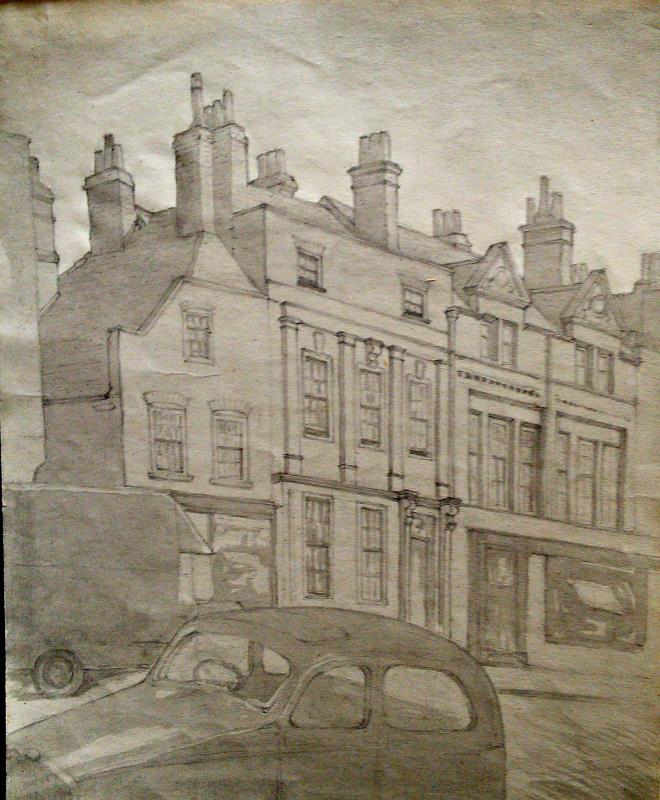 London Street, Reading 15"x 11" Pencil and wash on paper Signed and dated 5/1/49 by Joseph Smedley