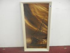 painting of a fishing vessel, pallet knife on board by Hawkes
