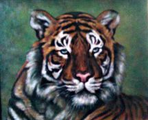 Head of a Tiger Framed, Oil on board 11 ¾" x 9 ¾" Initialled 1991 by Joseph Smedley