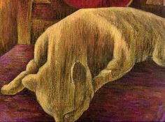 Sleeping Cat Framed & glazed Pastel on pastel paper 16" x 10" Signed and dated 1983 by Joseph