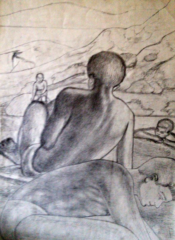 Boys in a Landscape 18 x 24" Pencil on paper Signed and dated 1951 by Joseph Smedley