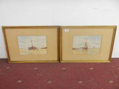 Pair of F/G watercolours 'Unloading the catch' Signed H Smithbent?
