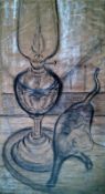Cat with Lamp Framed & glazed Pencil, pen & ink and chalk on brown paper 20" x 11" Signed and