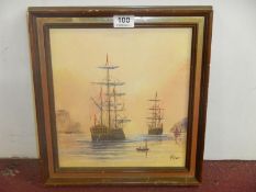 painting of sailing ships in harbour, signed Piper