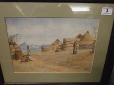 F/G watercolour of an African village landscape signed F H Dutton