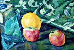 Still Life with Orange and Apples Framed, Oil on canvas 13 ½" x 9 ½" Signed and dated 1961 by Joseph
